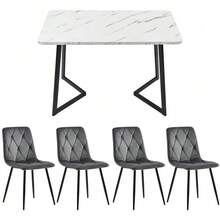 Dining Set (117x68cm Dining Table With 4 Chairs), Rectangular Dining Table, Modern Kitchen Table Set, Dining Chair In Dark Grey Twill Velvet, Black Table Legs - White - View 5