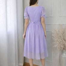 Midi-Length Evangelical Dress In Smooth Tulle With Princess Sleeves And Elegant Bow - Modest Fashion Congress - Màu Lilac Tím - Xem 3