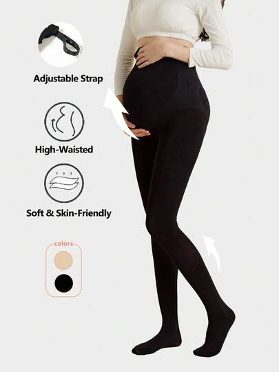 1pc Black & Nude Stirrup Maternity Tights, Medium Thickness For Spring & Autumn, Adjustable Support Pantyhose For Daily Wear