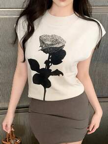 Y2K风格无袖针织T恤，女士薄款宽松短款圆领上衣，春夏款 - 杏色 - 查看 1