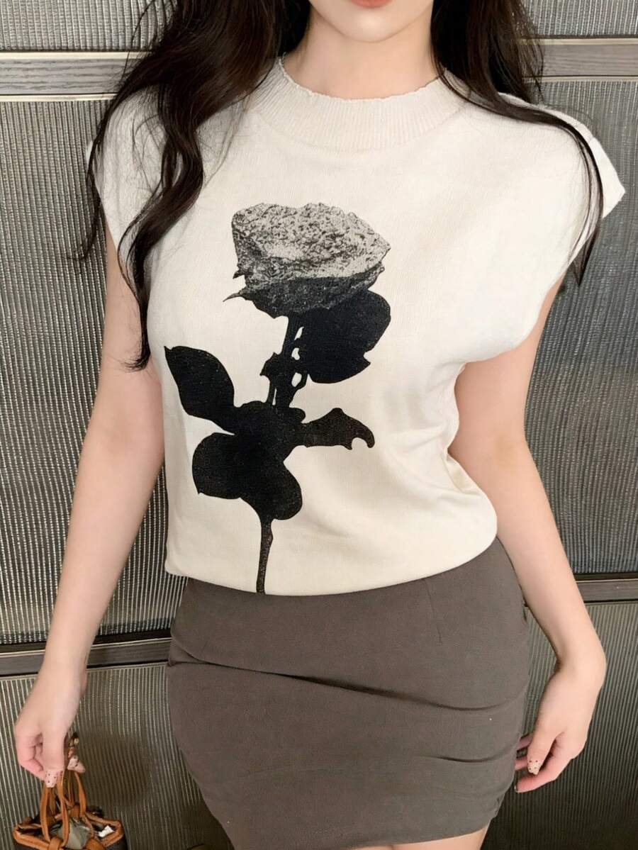 Y2K风格无袖针织T恤，女士薄款宽松短款圆领上衣，春夏款 - 杏色 - 查看 1