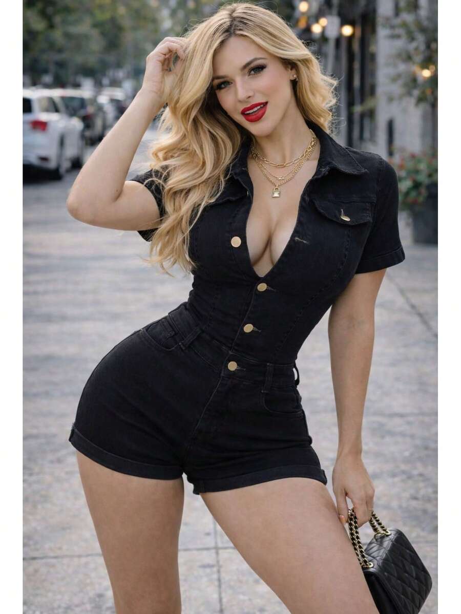 Jumpsuit Corto de Mezclilla Elástica con Escote en V y Botones Frontales - Negro - Ver 1