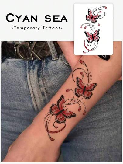 逼真防水半永久性临时纹身贴纸，红色蝴蝶图案，时尚女孩的完美之选，可持续7-15天。
