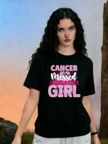 Playera Cuello Redondo para Mujer de Algodon Suave Camiseta de Manga Corta Diseño Inspirador Contra el Cancer con Letras y Cintas Rosa Estilo Moderno y Casual Ideal para Usar Diario o Eventos de C - Negro - Ver 1