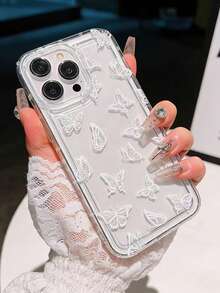 1pc White Butterfly Pattern Shock-Proof Phone Case Compatible With IPhone 17/16 Pro Max/14/16 Plus/15/13 Pro/12/11/XR/Air, Daily Use Case, Fashionable Phone Accessory, Creative Design, UV Printing, Stylish Protective Cover, Perfect Birthday Gift - Multicolor - View 1
