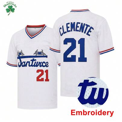 MEAN MACHINE Men's Santurce Crabs #21 Roberto Clemente Baseball Jersey Letter Embroidery , Loose V-Neck Sleeve Retro Pullover Sportswear, World Baseball Classic Fan Gift