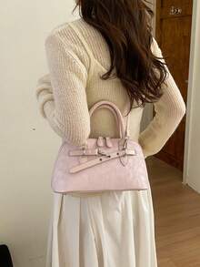 1pc Pink Solid Color Metal Lock Decor Oil Wax PU Leather 2-Way Handbag Zipper Closure Sweet Tote Shoulder Bag For Girls Daily Use - Pink - View 4