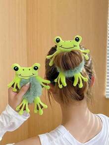 1 Piece Cute Cartoon Frog Plush Hair Tie Gentle And Non-Damaging Hair Accessory Suitable For Daily Bun And Ponytail Wear - màu xanh lá - Xem 4