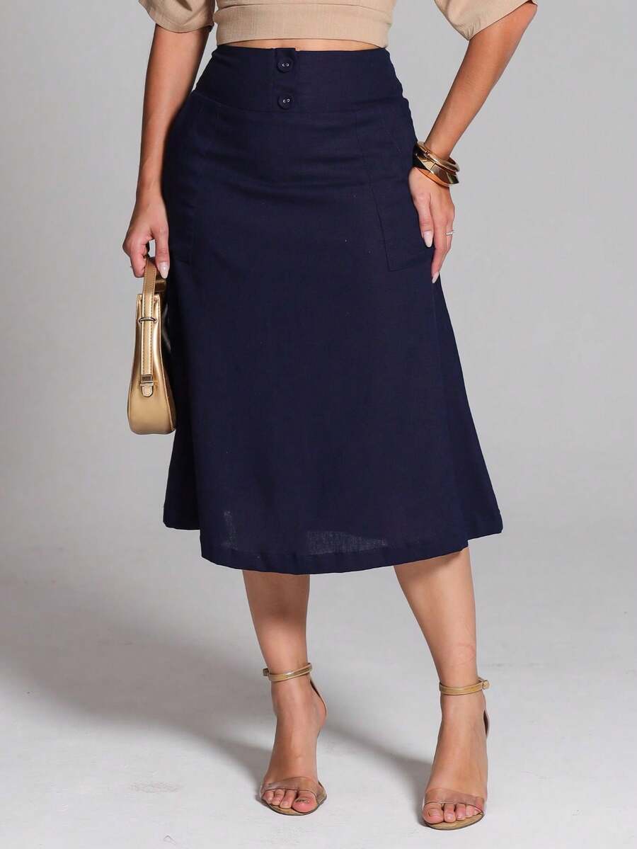 Linen Midi A-Line Skirt With Pocket Detail And High Waist. - Màu xanh hải quân - Xem 1