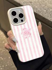 1pc INS Style Pink & White Striped Cute Sea Turtle Pattern Textured Soft Protective Phone Case, Waterproof Shockproof Slip-Resistant, Suitable As Birthday/Holiday Gift For Friends, Family, Couples, Compatible With Apple/ Phone Models - Multicolor - View 5