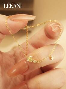 1pc S925 Sterling Silver Bracelet, Vintage Rose & Heart Zirconia Gold Plated Minimalist Fashionable Versatile Bracelet, Gift For Best Friend/Girlfriend, Daily Wear Accessory - Gold - View 6