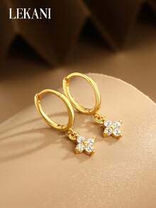 1 Pair S925 Sterling Silver Clover Zirconia Earrings, Delicate Minimalist Luxury Earrings For Women, Versatile Jewelry Gift For Mother, Girlfriend, Friend, Couple, Daily Wear - Gold - View 6