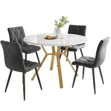 Dining Table Set, Dining Table And Chair Set (5-Piece), Modern, Simple Round Dining Table And Chair Set Made Of Marble, Gold-Colored Metal Table Legs + 4 Ergonomic Velvet Chairs, Grey Dining Chair - 白色 - 查看 1