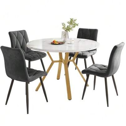 Dining Table Set, Dining Table And Chair Set (5-Piece), Modern, Simple Round Dining Table And Chair Set Made Of Marble, Gold-Colored Metal Table Legs + 4 Ergonomic Velvet Chairs, Grey Dining Chair