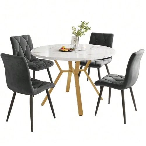 Dining Table Set, Dining Table And Chair Set (5-Piece), Modern, Simple Round Dining Table And Chair Set Made Of Marble, Gold-Colored Metal Table Legs + 4 Ergonomic Velvet Chairs, Grey Dining Chair - 白色 - 查看 1