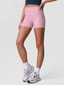Sodalemon Women's Plaid High Waist Yoga Shorts Leggings - Pink - View 6