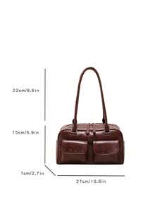 Large Capacity Work PU Tote Bag With Multiple Pockets, Simple And Fashionable Women Shoulder Bag, Solid Color Personalized Handbag, Japanese Bag, Street & Japanese Bag For Women - 咖啡棕 - 查看 2