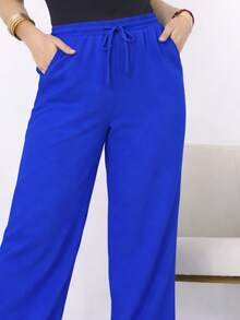 Wide-Leg, Loose-Fitting, High-Waisted Pants In Duna Fabric With Elastic Waistband And Pockets. - Bic Blue - View 2