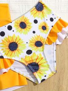 Girls' Bikini Set With Sunflower Print, Ruffle Straps + Swim Skirt, 3pcs, Perfect For Beach Vacation - 黃色 - 查看 4