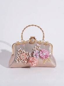 花卉图案腕带手拿包，优雅派对手提包，欧美风时尚钱包，大容量女士包，明星同款正装包，时尚女士包 - 香檳色 - 查看 4