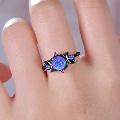 1 pieza Anillo especial de ópalo de imitación de lavanda con diseño de estrella y luna, anillo negro, anillo de compromiso de boda, anillo de piedra natal, regalo para ella