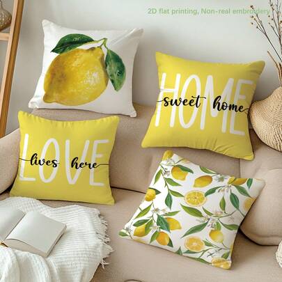 4 fundas de almohada con estampado de contraste de color amarillo limón y blanco [sin relleno de almohada], 17.7*17.7in(45*40cm)/19.69*19.69in(50*50cm)/15.75*15.75in(40*40cm), [impresión de un solo lado], hechas de poliéster, con citas cálidas "Hogar dulce hogar y el amor vive aquí", fundas de almohada de tiro amarillo brillante para sofá, cama, sala de estar, dormitorio, coche, oficina, decoración de hotel, adecuadas para todas las estaciones, regalo perfecto para familiares y amigos