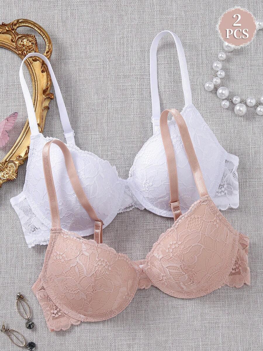 2pcs Sexy Lace Women's Bra And Panty Set, Comfortable Underwire Push-Up Bra