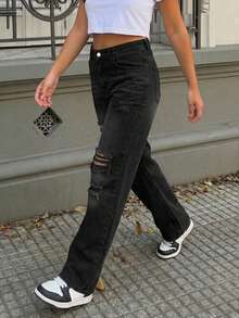 Women's Boyfriend Ripped Loose Straight Jeans - Black - View 5