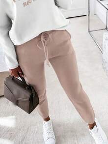 ChicMe 2pcs Women's "NOPE Not Today" Slogan Print Asymmetrical Neck Long Sleeve Sweatshirt And Drawstring Waist Skinny Pants Set - Baby Pink - View 3