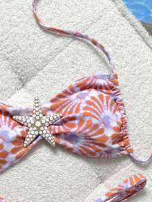 Blumenmuster eleganter sexy rückenfreier Knoten-Bikini Bademode, geeignet für Urlaub, Strand, Party, Date, Geburtstag, Alltagstragen, Metall Pentagramm Sommer - Orange - Übersicht 3
