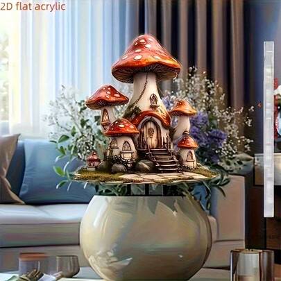 2D Flat Boho Style Acrylic Fairy Mushroom House Garden Stake - Fantasy Outdoor Decor With Moss Base And Greenery, No Assembly Required, Suitable For Birthday, Housewarming, Thanksgiving Lawn And Yard Decoration, Mushroom Garden Decor, 2D Flat No Electricity Needed