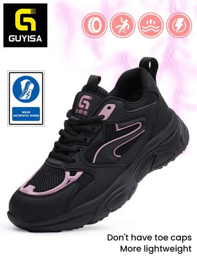 GUYISA Women's Professional Anti-Slip, Anti-Static Shoes, Lightweight Black & Pink Fashionable & Breathable Work Shoes, Toeless, Suitable For Electronics Factory, Factory, Workshop, Tile Floor