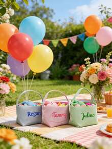 Cesta de Pascua personalizada con conejito - Cesta de Pascua a rayas con nombre personalizado, cubo reutilizable para la búsqueda de huevos de Pascua, regalo conmemorativo adorable para bebés y niños pequeños - Multicolor - Ver 7