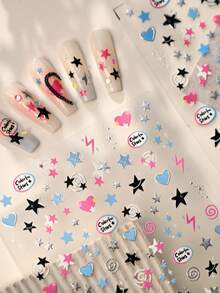 1片卡通涂鸦玫瑰金可爱女孩甜美酷炫五角星闪电美甲贴纸 5D 个性异想天开美甲贴花 自粘美甲装饰，适合女孩和女性 - 彩色 - 查看 2
