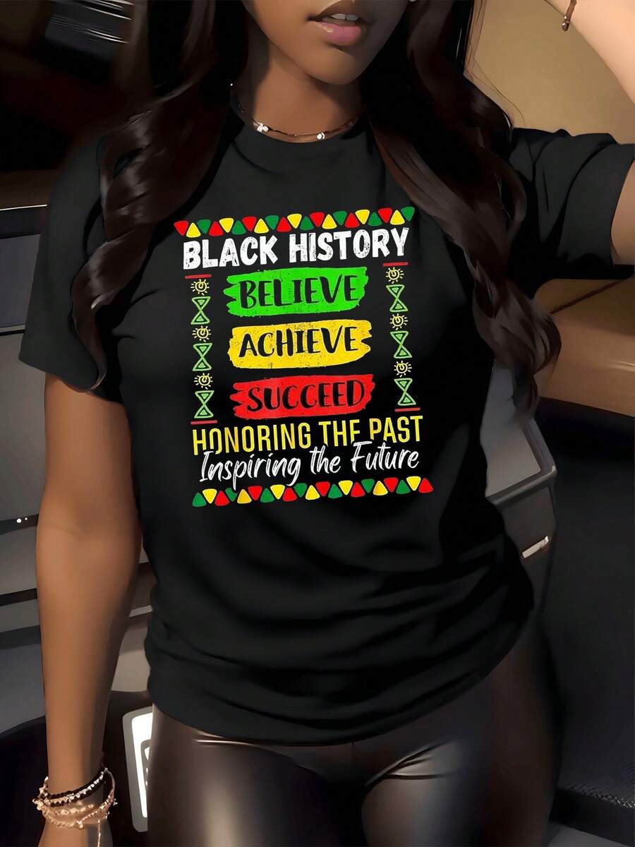 Figura colorida que celebra la historia afroamericana con frases motivacionales sobre creer lograr y tener éxito honrando el pasado e inspirando el futuro camiseta de mujer 220g casual moderna - Negro - Ver 1