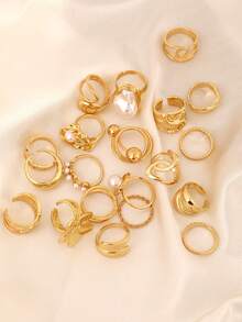 13 Stücke/Set Vintage eleganter geometrischer Blumen Kunstperlen asymmetrischer Textur Falte runde Ball Kreuz Mehrschicht Wassertropfen glatter minimalistischer übertriebener breiter Gesichts Chunky Ring Set, modisch, geeignet für Feiertage, Partys, Dates, Alltag, Geschenke - Goldgelb - Übersicht 3