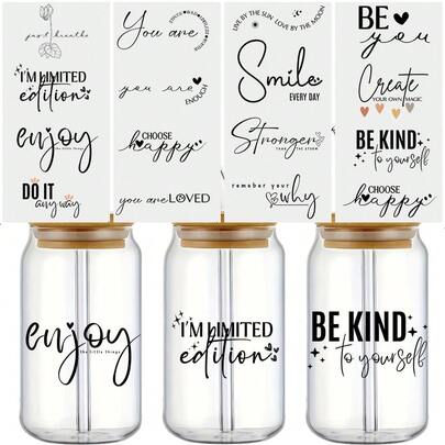 4pcs Motivational Quote Pattern UV DTF Stickers, Featuring Quotes Like 'Be Yourself, Stay Happy,' Cycling Stickers, Waterproof And Scratch-Resistant, Suitable For Surfaces Such As Glass Cups, Mugs, Gift Boxes, Planners, Bookmarks, Candles, Notebooks, Bike Frames, Wheel Hubs, Etc. Perfect For Cycling Decoration, Home Decoration, Holiday Decoration, Mood Decoration, And Art Craft Stickers.