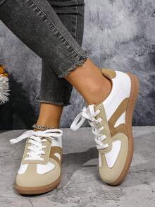 1 par de zapatillas casuales con cordones transpirables, zapatos blancos, adecuados para primavera, verano, otoño e invierno - Caqui - Ver 6