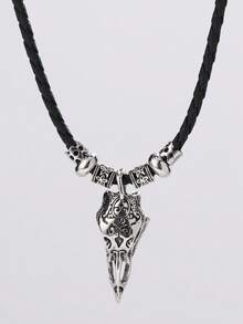 1件锌合金维京渡鸦头串珠可调节项链 - 復古銀色 - 查看 1