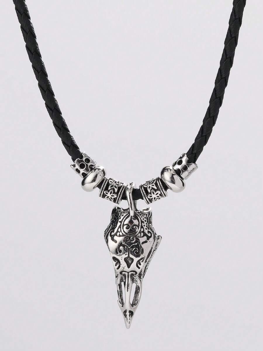 1件锌合金维京渡鸦头串珠可调节项链 - 復古銀色 - 查看 1
