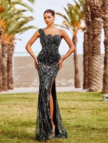 Faeriesty Women's Elegant Waist-Cinched Strapless Slit Design Party Dress Wedding - Black - View 4