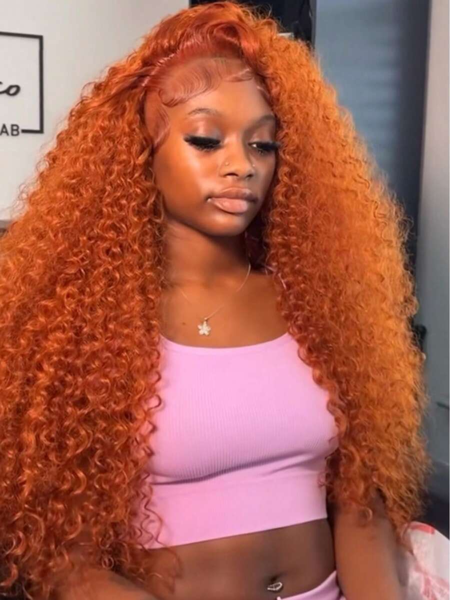 NARNI Ginger Lace Front Wigs Human Hair 13x6 HD Orange Ginger Deep Wave Wig Human Hair Pre Plucked 250% Density Wet And Wavy 350# Colored Glueless Curly Lace Frontal Wigs For Women - S350 - 查看 1