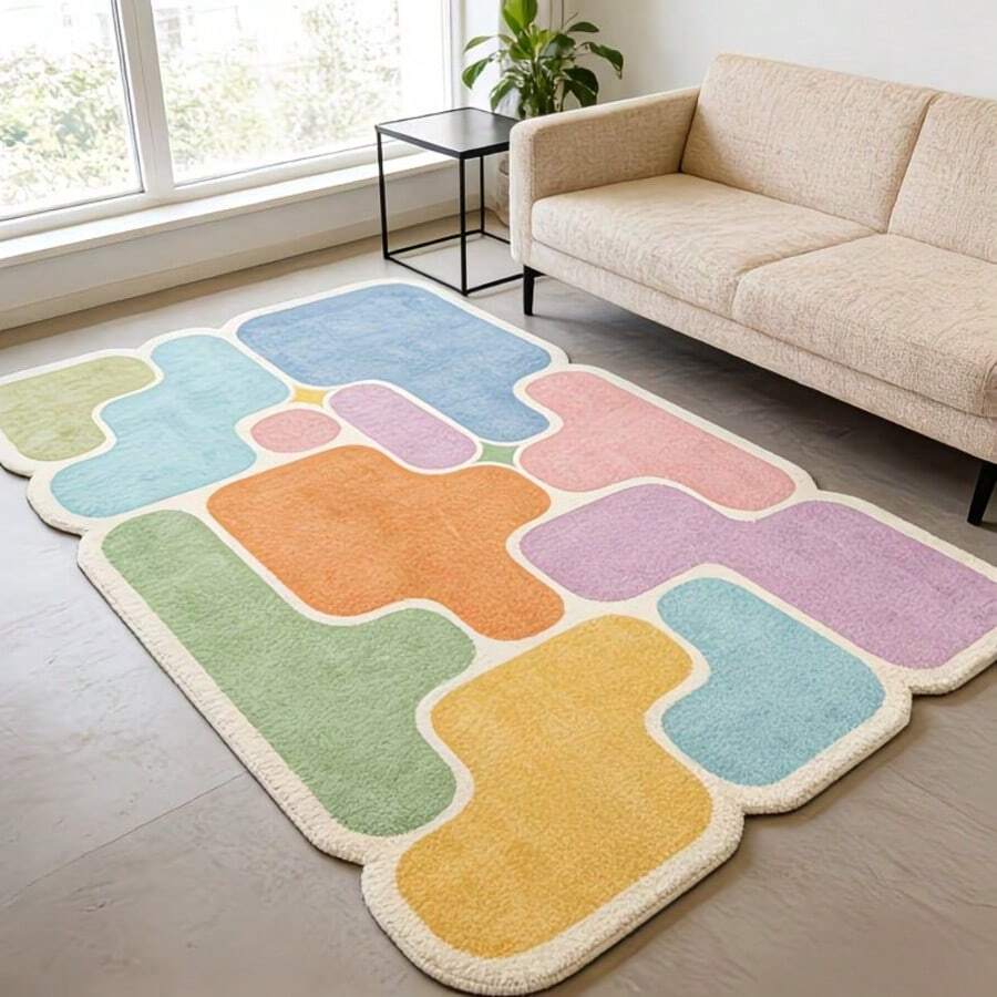1pc Asymmetrical Geometric Macaron Color Block Rug, Fresh Childlike Modern Style Rug, Faux Wool Material, Decorative Carpet For Living Room, Bedroom, Small Rug, Washable Indoor/Outdoor Rug