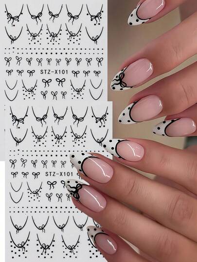 2pcs Black Polka Dot Bow Nail Stickers, French Wave Line Nail Art Decals, DIY Wedding Nails Charm Decoration