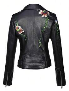 Risissida Women's Spring & Autumn Faux Leather Embroidered Commuter Jacket With Belt, Minimalist Versatile Riding PU Jacket For Spring - Black - View 3