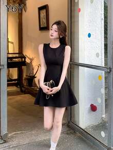 Y6Y 黑色无袖轻盈飘逸连衣裙 | 女士时尚甜美夏季短款连衣裙 - 黑色 - 查看 3