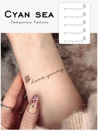 One Valentine's Day Temporary Temporary Tattoo Sticker, Y2K Style Minimalist Artistic Floral "Butterfly Love You" English Design, Waterproof, Sweatproof, Washable, Non-Reflective, Suitable For Arm And Shoulder, Realistic Tattoo, Suitable For Fashionistas, Lasts 3-5 Days.