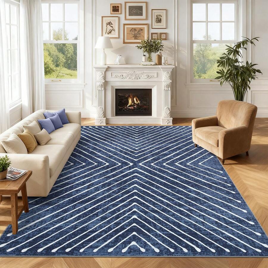1Pcs Home Decor Large Area Rug For Living Room Modern Washable Rug Farmhouse Non Slip Non Shedding Throw Rugs Low Pile Stain Resistant Indoor Carpet For Bedroom Office Dining Room Runner For Enteryway Hallway - Blue - View 1