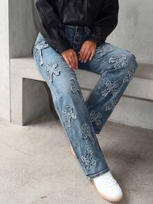 女士浅蓝色中腰修身交叉印花牛仔裤，包臀休闲街头风 Y2K 复古风日常时尚百搭单品 - 淺色水洗藍 - 查看 5