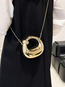 Fashionable Metal-Tone Circular Evening Bag, Versatile Round Crescent Party Handbag For Women, Shoulder Bag, Crossbody Bag, Clutch - Gold - View 8